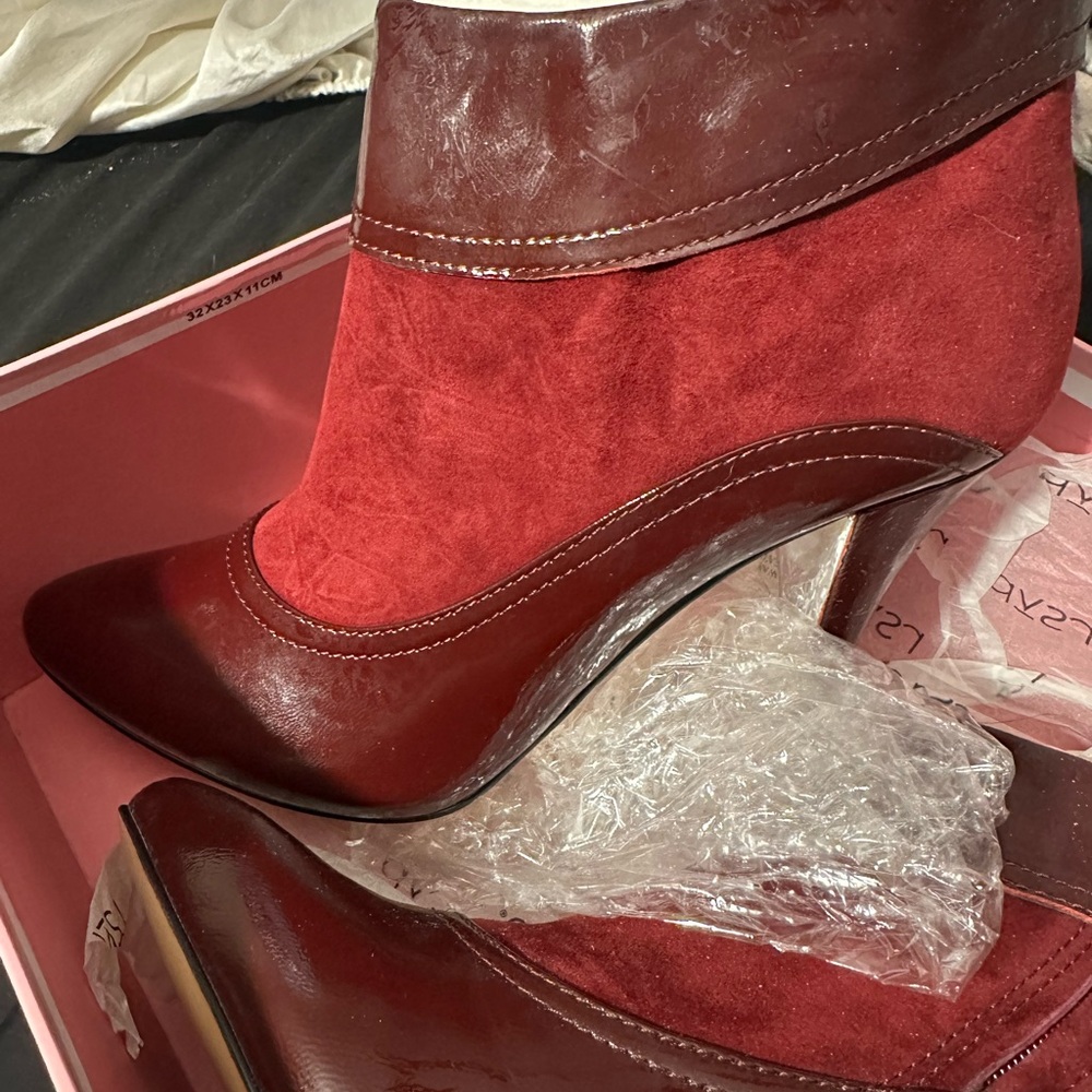 Burgundy Patent Leather and Suede Women's Ankle Boots